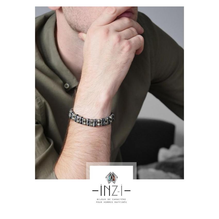 Bracelet double Homme, en pyrite, vinyle africain et argent plaqué INZ-I - Modèle STEEVE Inz-i - marketplace MyMarchy